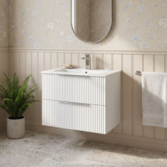[BFFF193B] Tixall Fluted 2 Drawer Wall Hung Vanity Unit with Minimalist Basin - Choice of Size and Colour