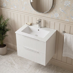 [BFFF193B] Tixall Fluted 2 Drawer Wall Hung Vanity Unit with Minimalist Basin - Choice of Size and Colour