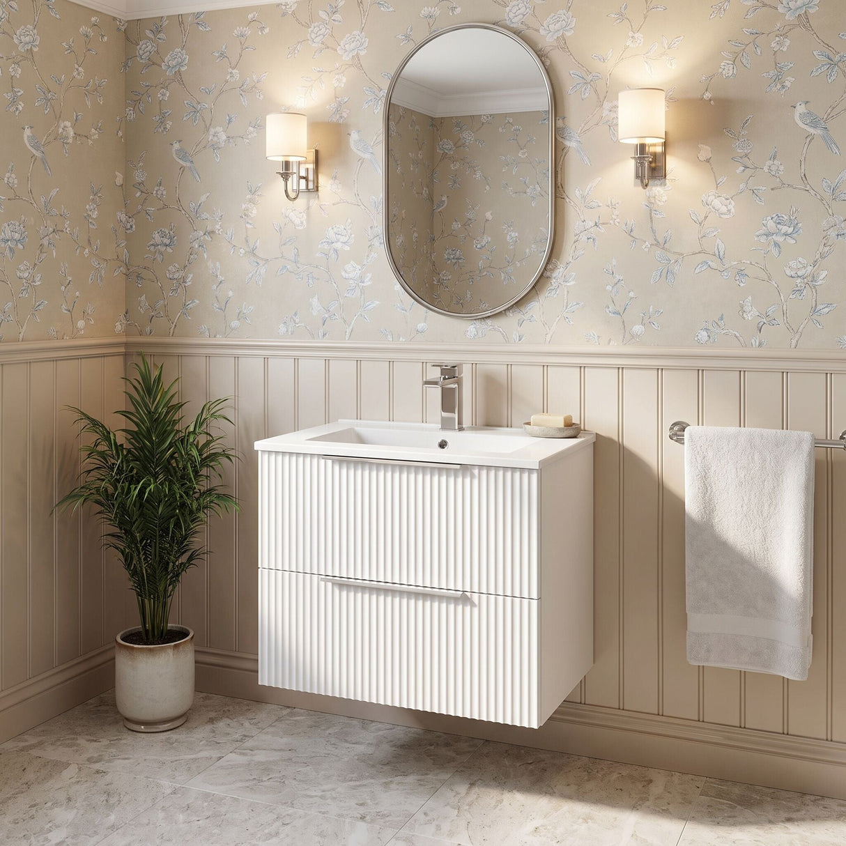 [BFFF193B] Tixall Fluted 2 Drawer Wall Hung Vanity Unit with Minimalist Basin - Choice of Size and Colour
