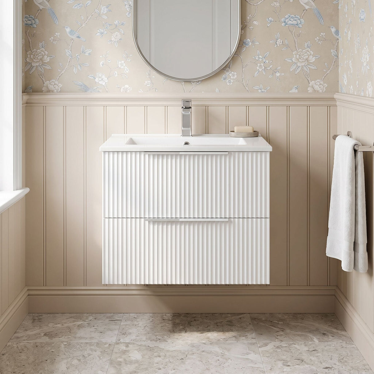 [BFFF193B] Tixall Fluted 2 Drawer Wall Hung Vanity Unit with Minimalist Basin - Choice of Size and Colour - Silo