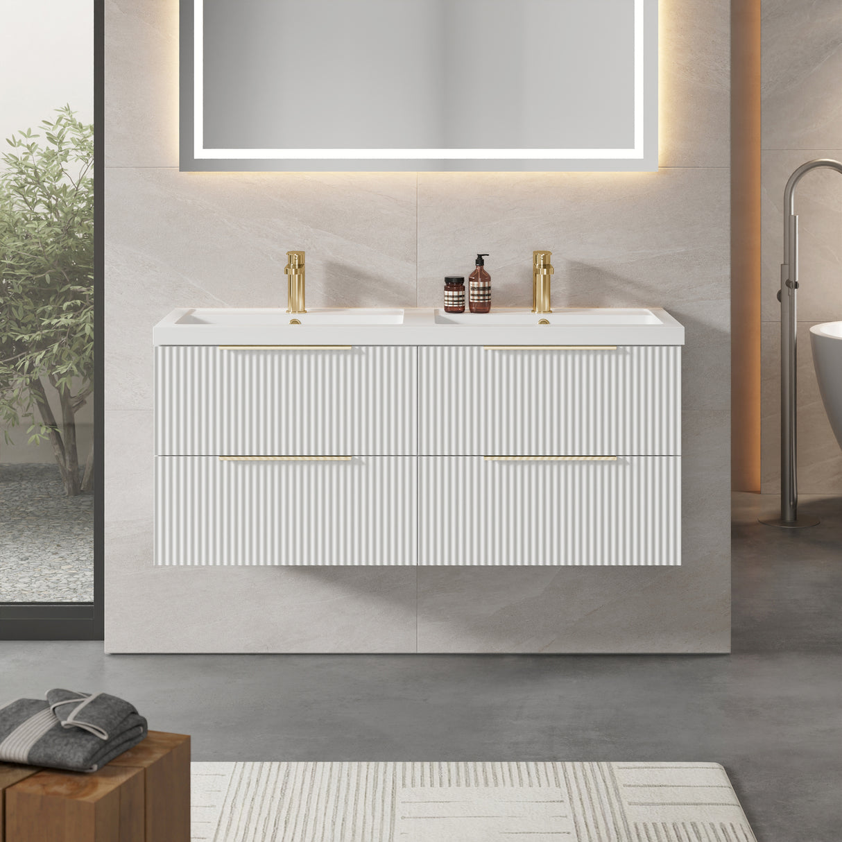 Fluted Front Wall Hung Vanity Basin Unit with Choice of Size, Colour and Handle Options