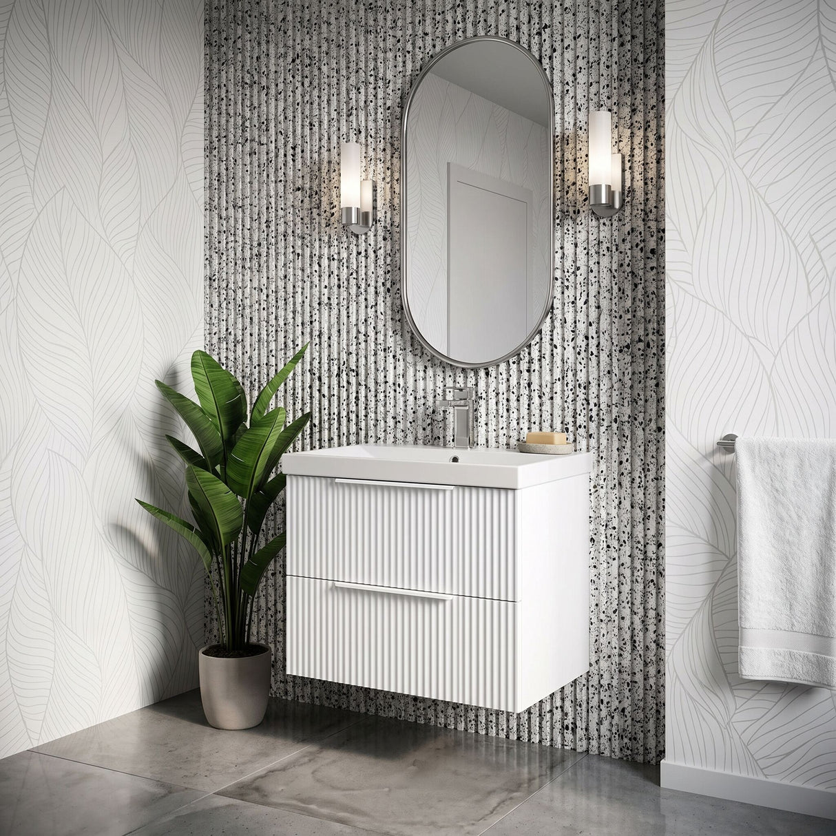 [BFFF193D] Tixall Fluted 2 Drawer Wall Hung Vanity Unit with Thin Edge Basin - Choice of Size and Colour