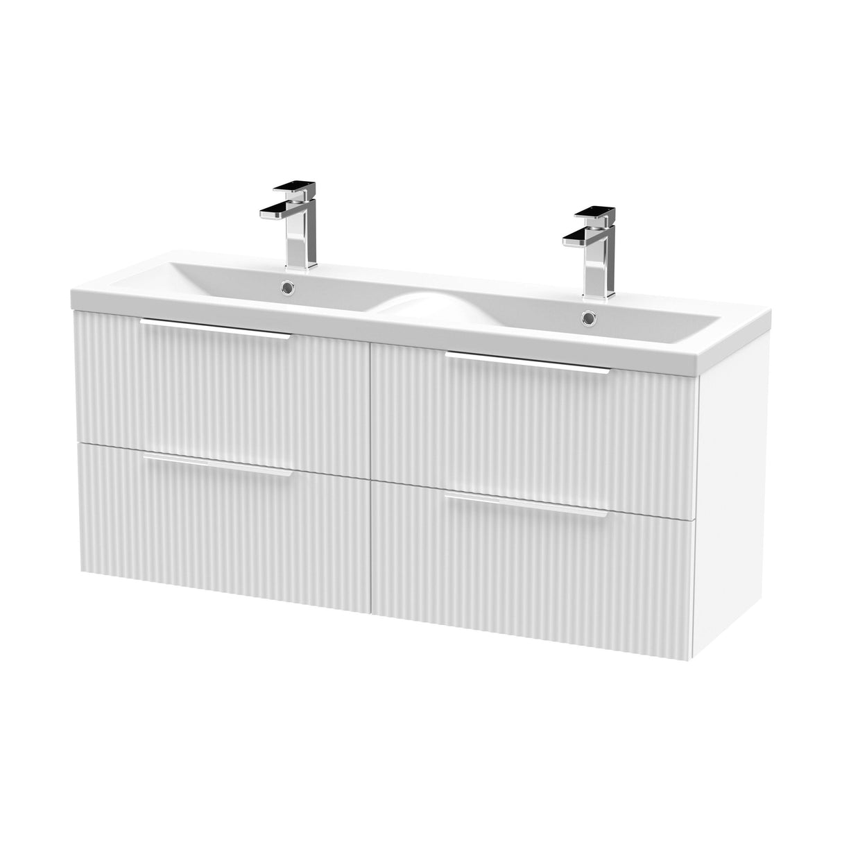 [BFFF193F] Tixall Fluted 4 Drawer Wall Hung Vanity Unit with Double Basin, Satin White, 1200mm - Cutout