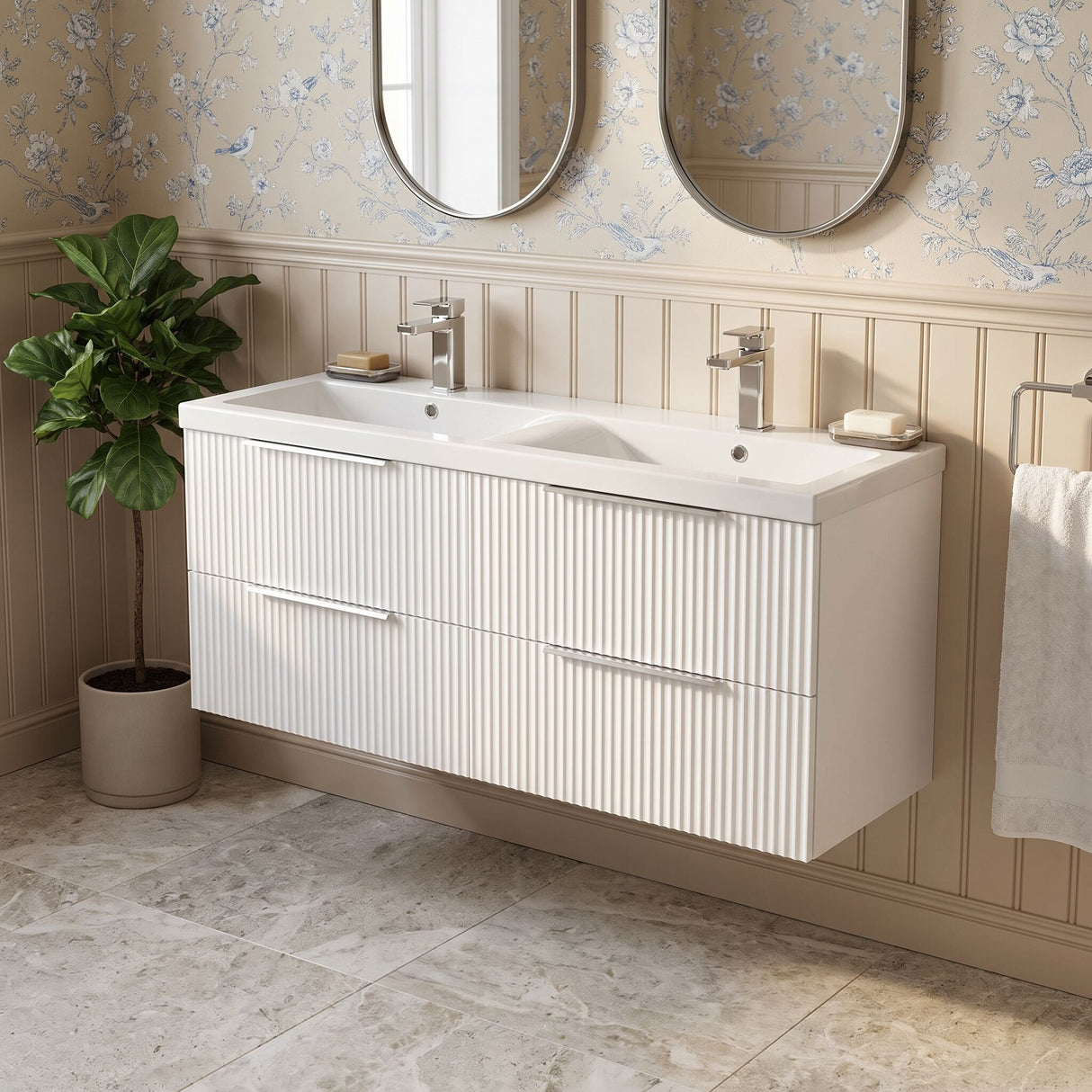 [BFFF193F] Tixall Fluted 4 Drawer Wall Hung Vanity Unit with Double Basin - Choice of Colour
