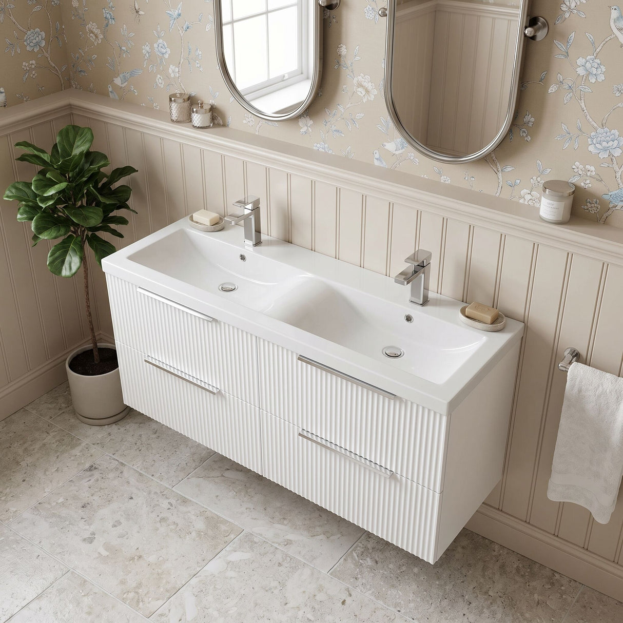 [BFFF193F] Tixall Fluted 4 Drawer Wall Hung Vanity Unit with Double Basin - Choice of Colour