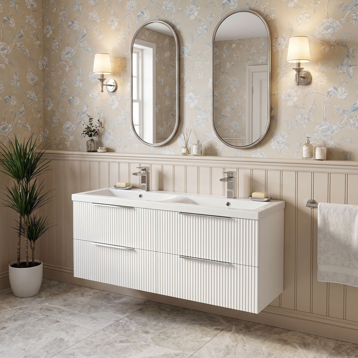 [BFFF193F] Tixall Fluted 4 Drawer Wall Hung Vanity Unit with Double Basin - Choice of Colour