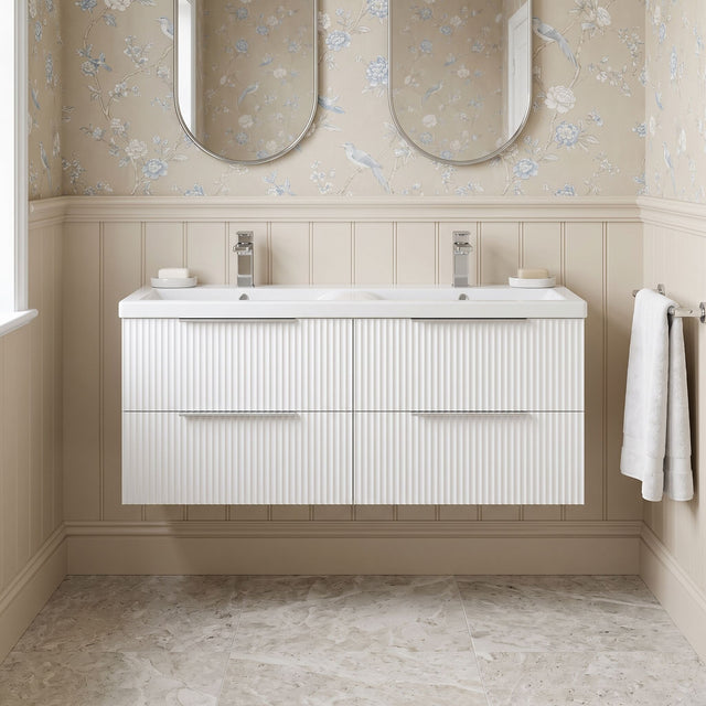 [BFFF193F] Tixall Fluted 4 Drawer Wall Hung Vanity Unit with Double Basin - Choice of Colour - Silo