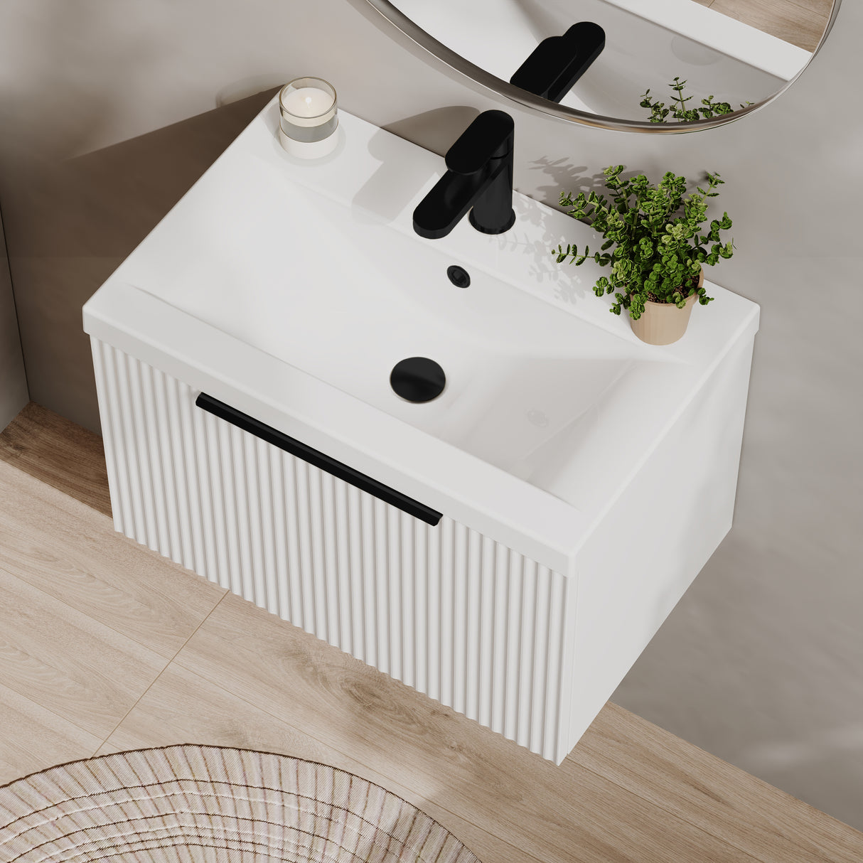 Fluted Front Wall Hung Vanity Basin Unit with Choice of Size, Colour and Handle Options