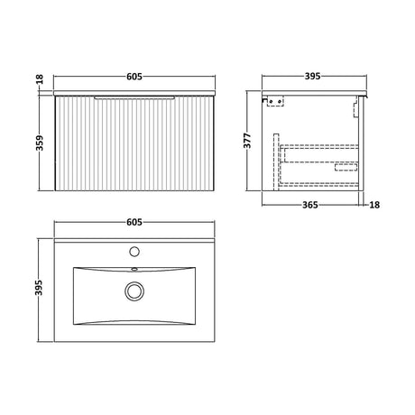 [BFFF194B] Tixall Fluted 1 Drawer Wall Hung Vanity Unit with Minimalist Basin, Satin White, 600mm - Technical Drawing