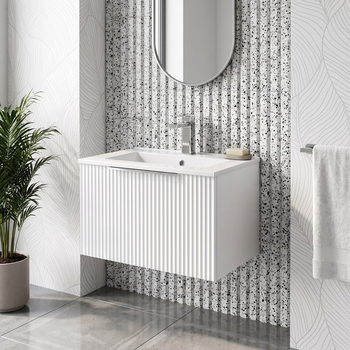 [BFFF194B] Tixall 1 Drawer Wall Hung Vanity Basin Unit with 1 Tap Hole Minimalist Ceramic Basin, Choice of Size and Colour