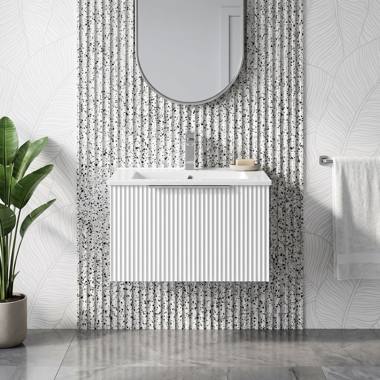 [BFFF194B] Tixall 1 Drawer Wall Hung Vanity Basin Unit with 1 Tap Hole Minimalist Ceramic Basin, Choice of Size and Colour - Silo