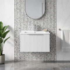 [BFFF194B] Tixall 1 Drawer Wall Hung Vanity Basin Unit with 1 Tap Hole Minimalist Ceramic Basin, Choice of Size and Colour - Silo