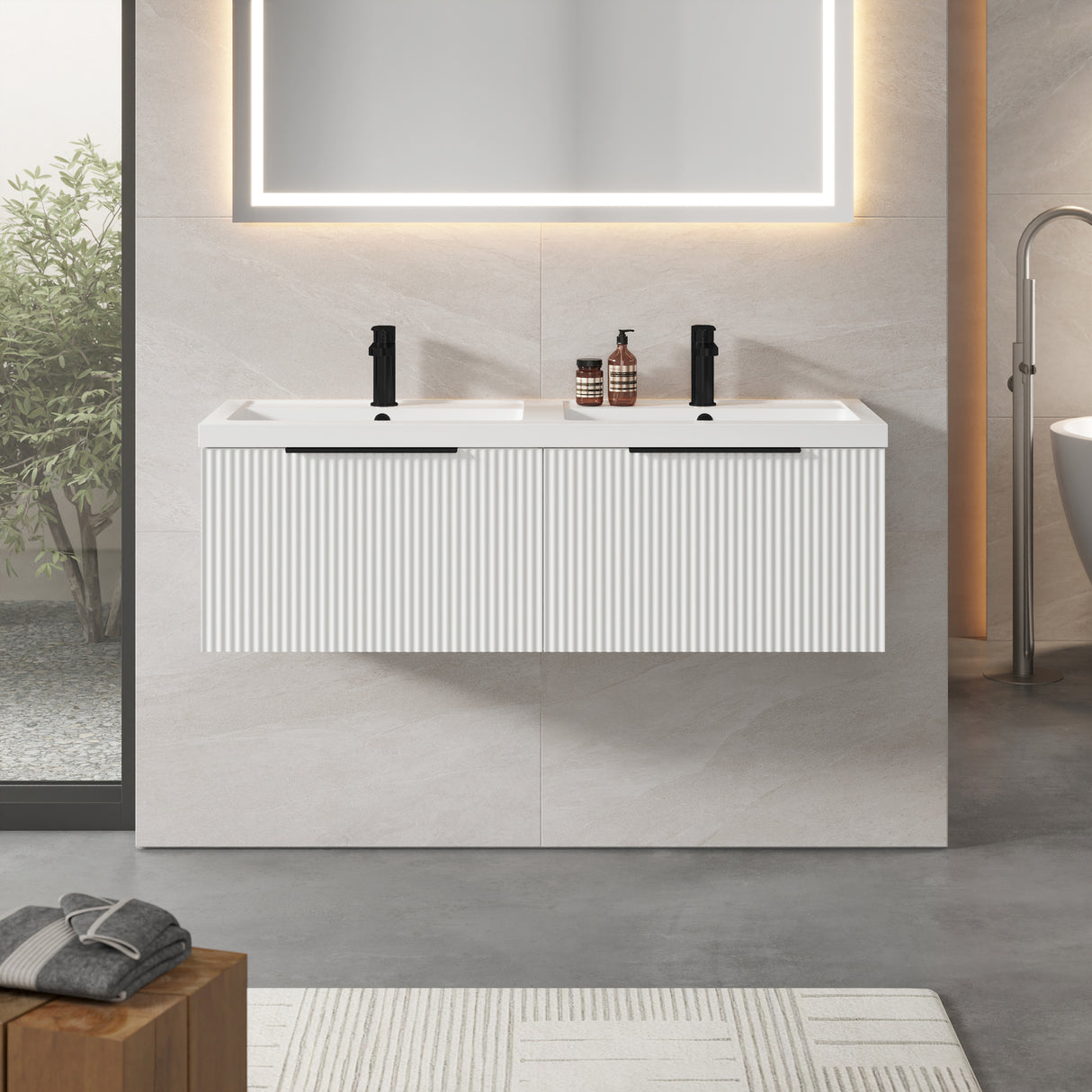 Fluted Front Wall Hung Vanity Basin Unit with Choice of Size, Colour and Handle Options