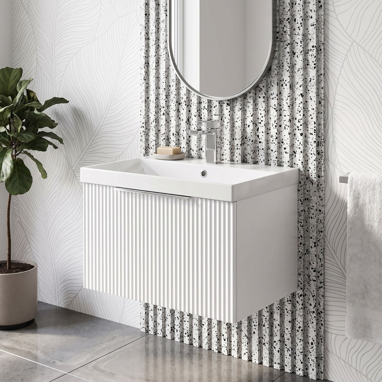 [BFFF194D] Tixall 1 Drawer Wall Hung Vanity Basin Unit with 1 Tap Hole Thin-Edge Ceramic Basin, Choice of Size and Colour
