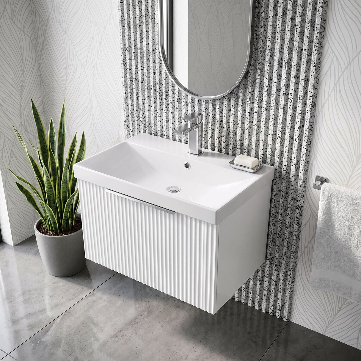 [BFFF194D] Tixall 1 Drawer Wall Hung Vanity Basin Unit with 1 Tap Hole Thin-Edge Ceramic Basin, Choice of Size and Colour