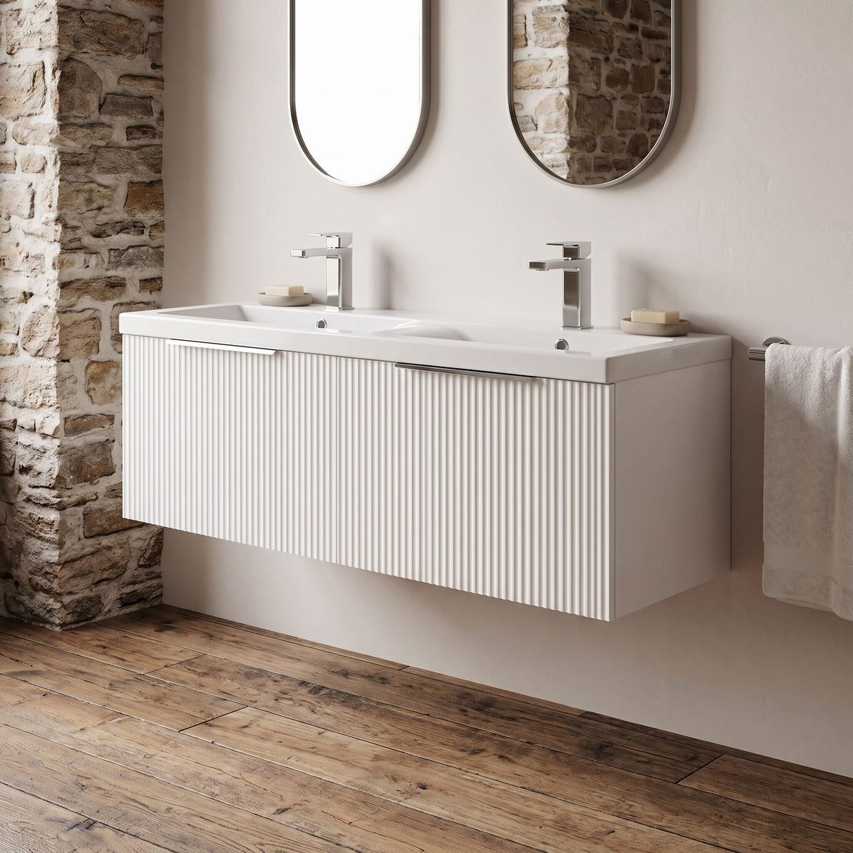 [BFFF194F] Tixall Fluted 2 Drawer Wall Hung Vanity Unit with Double Basin - Choice of Colour