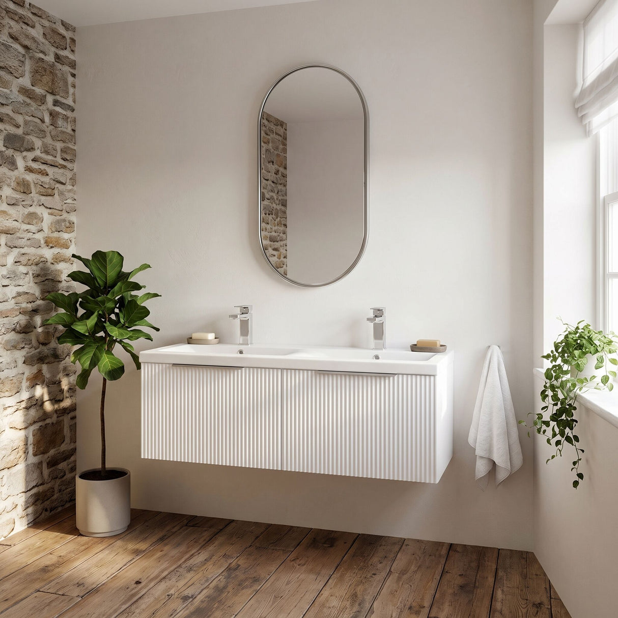 [BFFF194F] Tixall Fluted 2 Drawer Wall Hung Vanity Unit with Double Basin - Choice of Colour