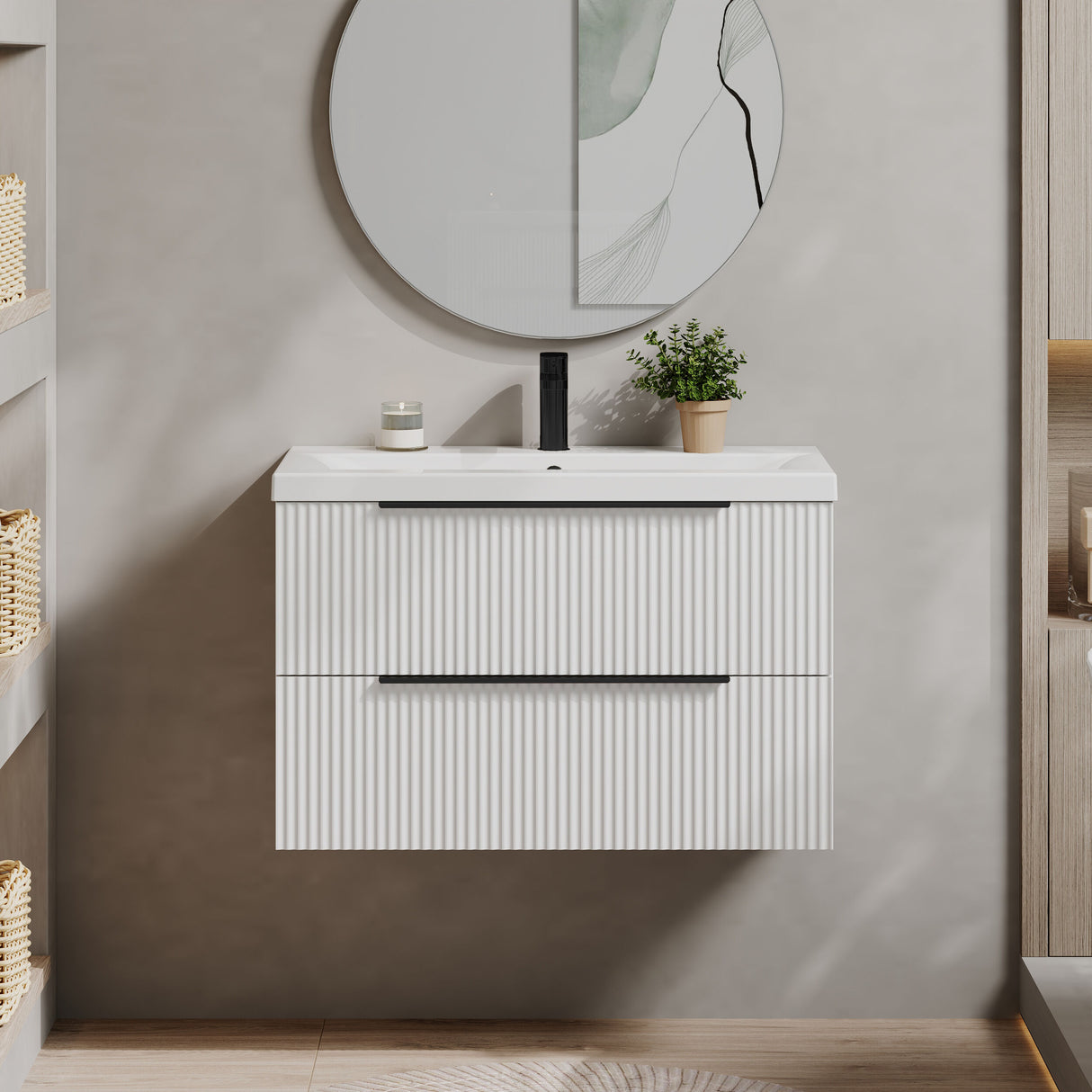 [BFFF195AH226] Tixall Fluted Front Wall Hung Vanity Basin Unit 800mm - 2 Drawer - Lifestyle 1