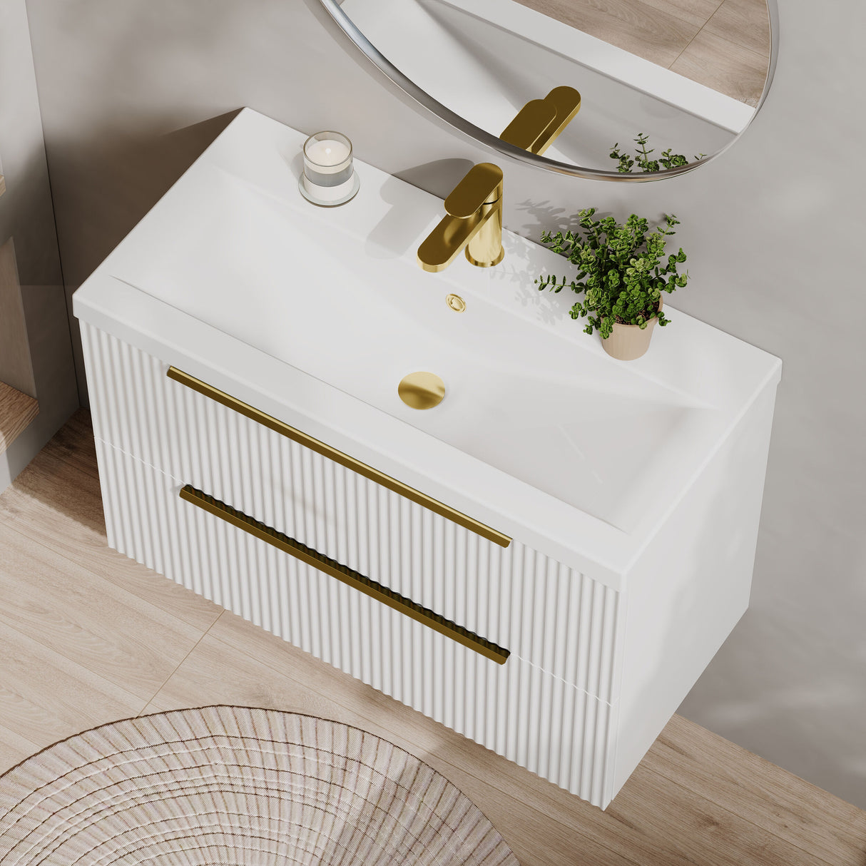 [BFFF195AH326] Tixall Fluted Front Wall Hung Vanity Basin Unit 800mm - 2 Drawer - Lifestyle 2