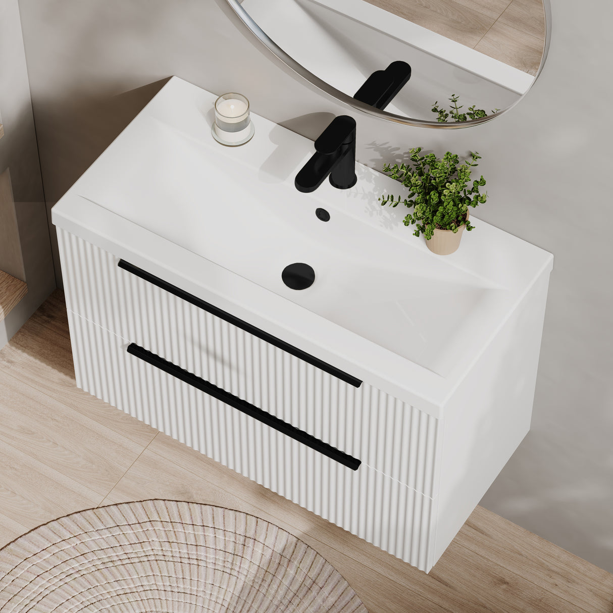 Fluted Front Wall Hung Vanity Basin Unit with Choice of Size, Colour and Handle Options
