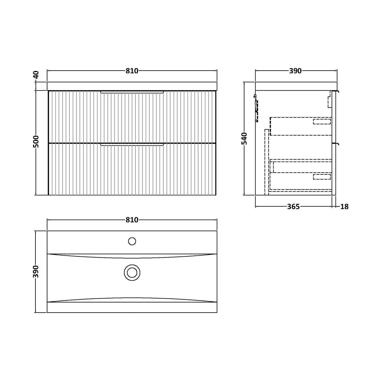 [BFFF195A] Tixall Fluted Front Wall Hung Vanity Basin Unit with Choice of Size, Colour and Handle Options - Technical Drawing