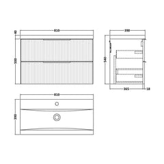 [BFFF195A] Tixall Fluted Front Wall Hung Vanity Basin Unit with Choice of Size, Colour and Handle Options - Technical Drawing
