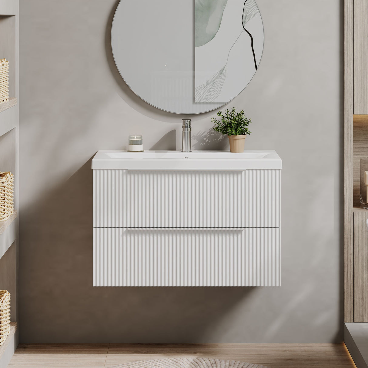 [BFFF195A] Tixall Fluted Front Wall Hung Vanity Basin Unit 800mm - 2 Drawer - Lifestyle 1