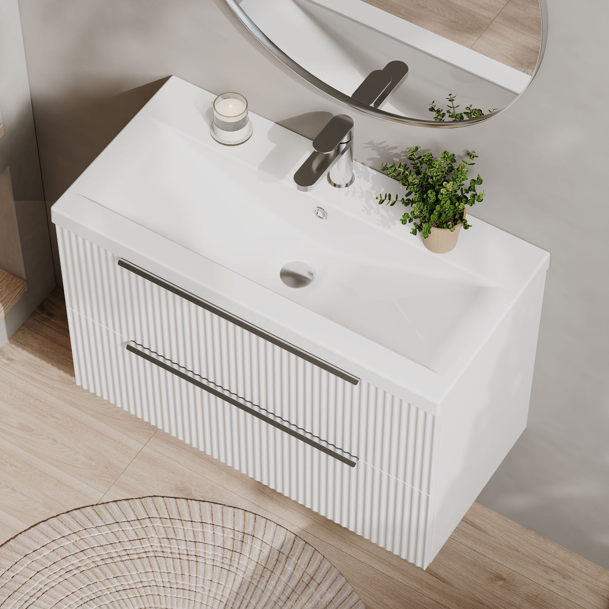 [BFFF195A] Tixall Fluted Front Wall Hung Vanity Basin Unit 800mm - 2 Drawer - Lifestyle 2