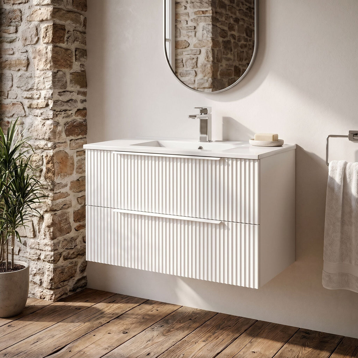 [BFFF195B] Tixall Fluted 2 Drawer Wall Hung Vanity Unit with Minimalist Basin - Choice of Size and Colour