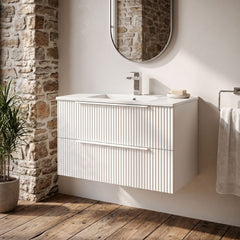 [BFFF195B] Tixall Fluted 2 Drawer Wall Hung Vanity Unit with Minimalist Basin - Choice of Size and Colour