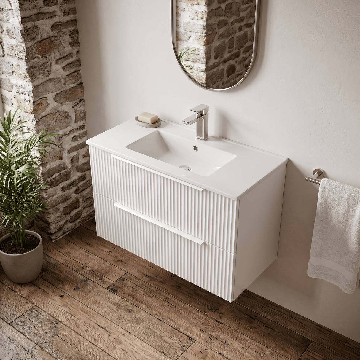 [BFFF195B] Tixall Fluted 2 Drawer Wall Hung Vanity Unit with Minimalist Basin - Choice of Size and Colour