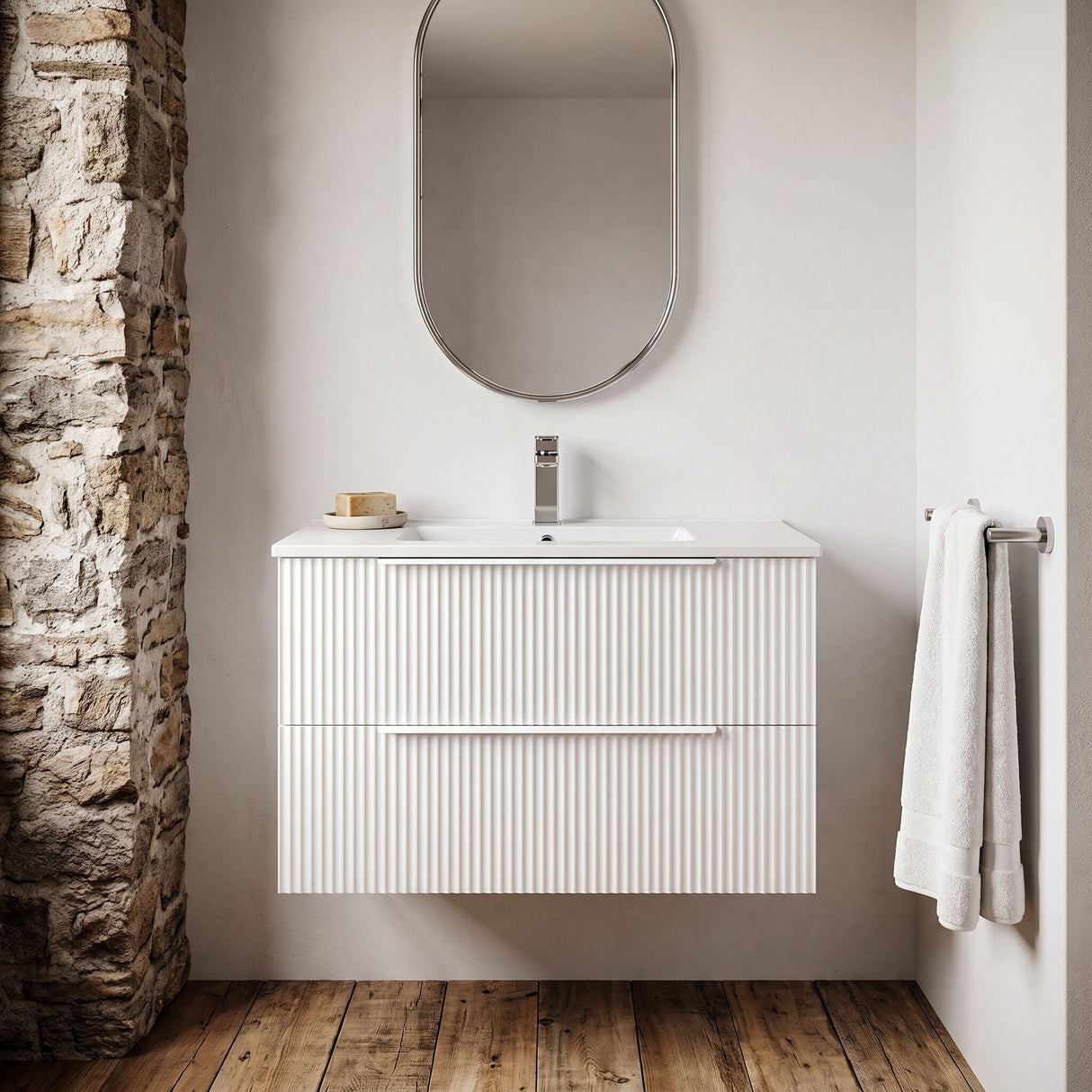[BFFF195B] Tixall Fluted 2 Drawer Wall Hung Vanity Unit with Minimalist Basin - Choice of Size and Colour - Silo