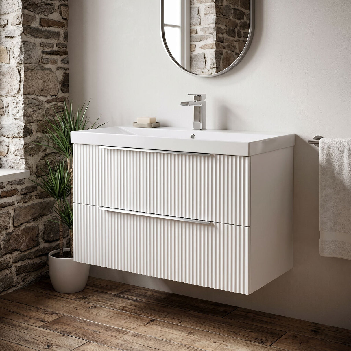 [BFFF195D] Tixall Fluted 2 Drawer Wall Hung Vanity Unit with Thin Edge Basin - Choice of Size and Colour