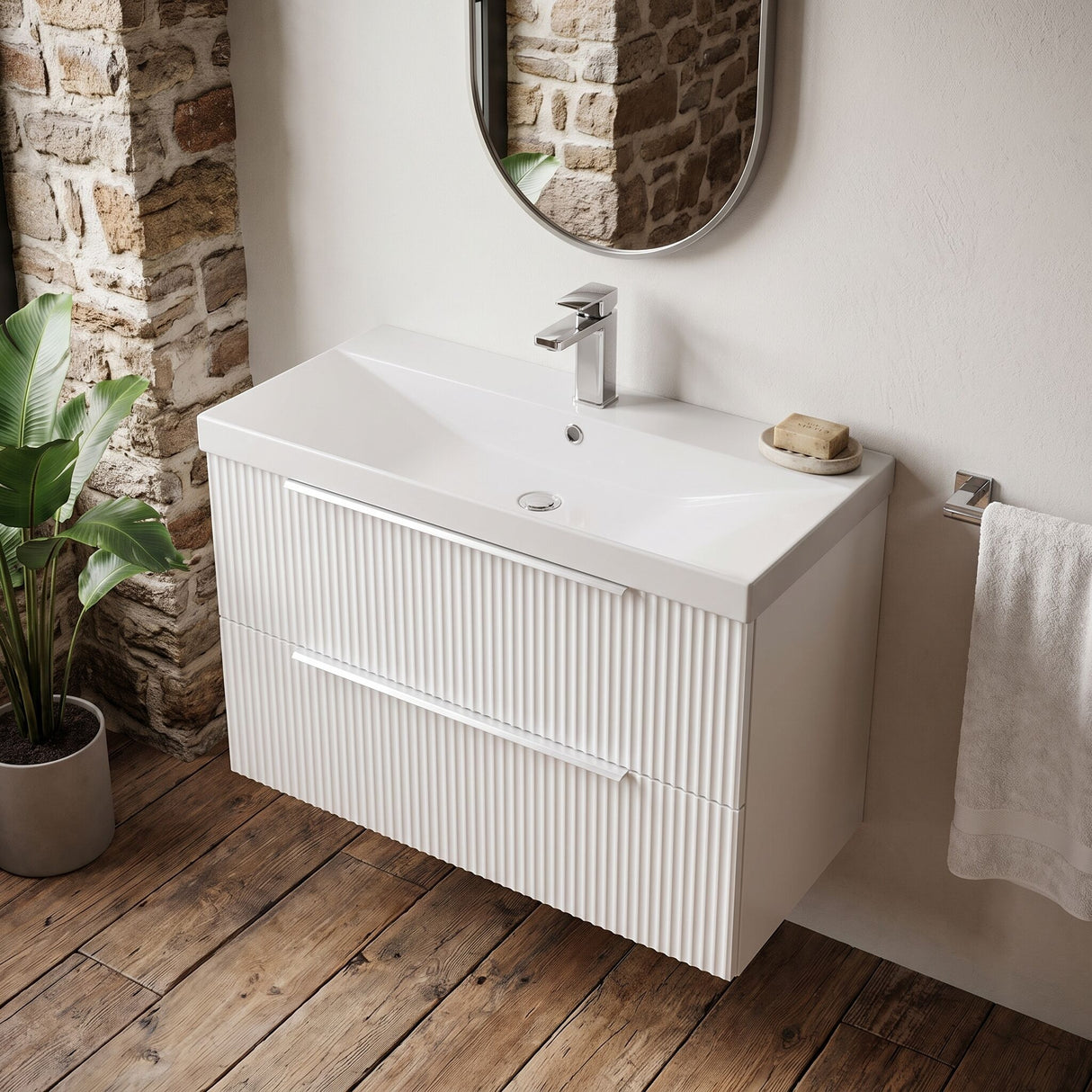 [BFFF195D] Tixall Fluted 2 Drawer Wall Hung Vanity Unit with Thin Edge Basin - Choice of Size and Colour