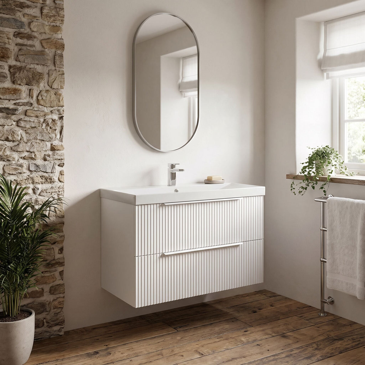[BFFF195D] Tixall Fluted 2 Drawer Wall Hung Vanity Unit with Thin Edge Basin - Choice of Size and Colour