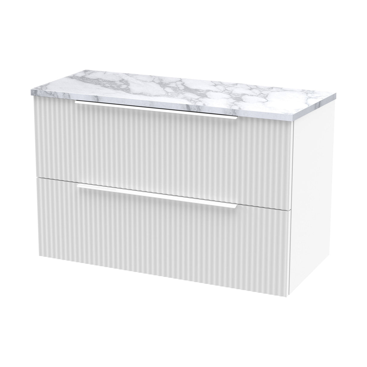[BFFF195LCM] Tixall Fluted 2 Drawer Wall Hung Vanity Unit with Carrera Marble Laminate Worktop - Choice of Size and Colour - Cutout
