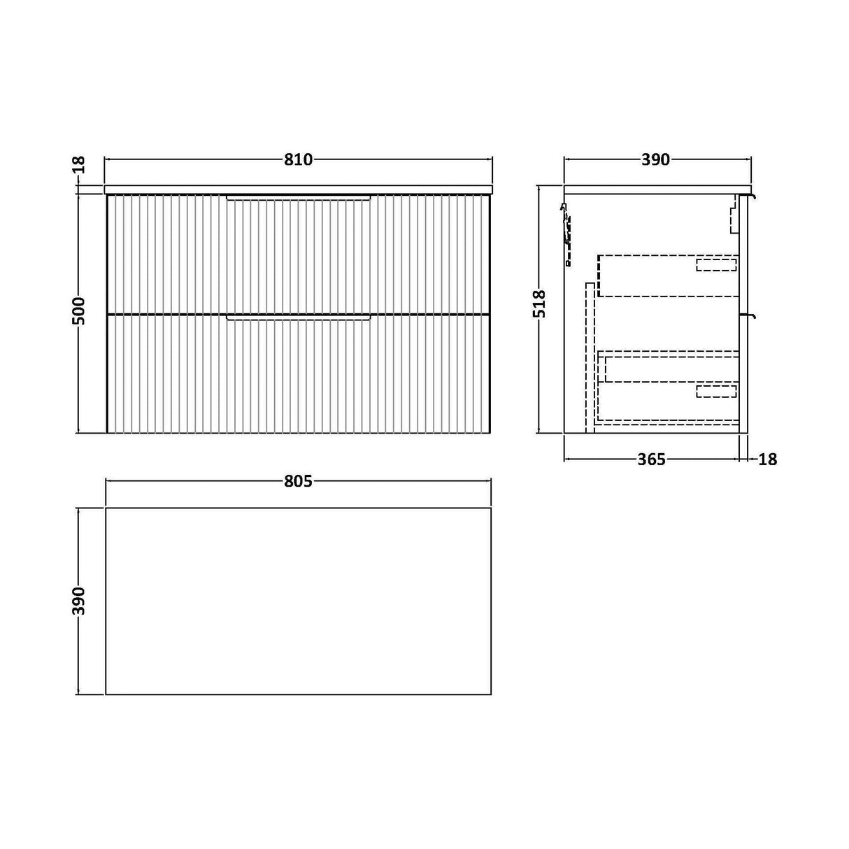 [BFFF195W] Tixall Fluted 2 Drawer Wall Hung Vanity Unit with Worktop - Choice of Size and Colour - Technical Drawing