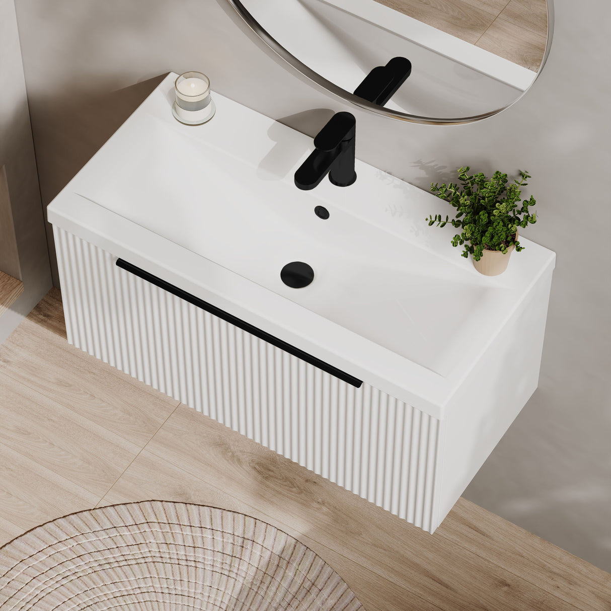 [BFFF196AH226] Tixall Fluted Front Wall Hung Vanity Basin Unit 800mm - 1 Drawer - Lifestyle 2