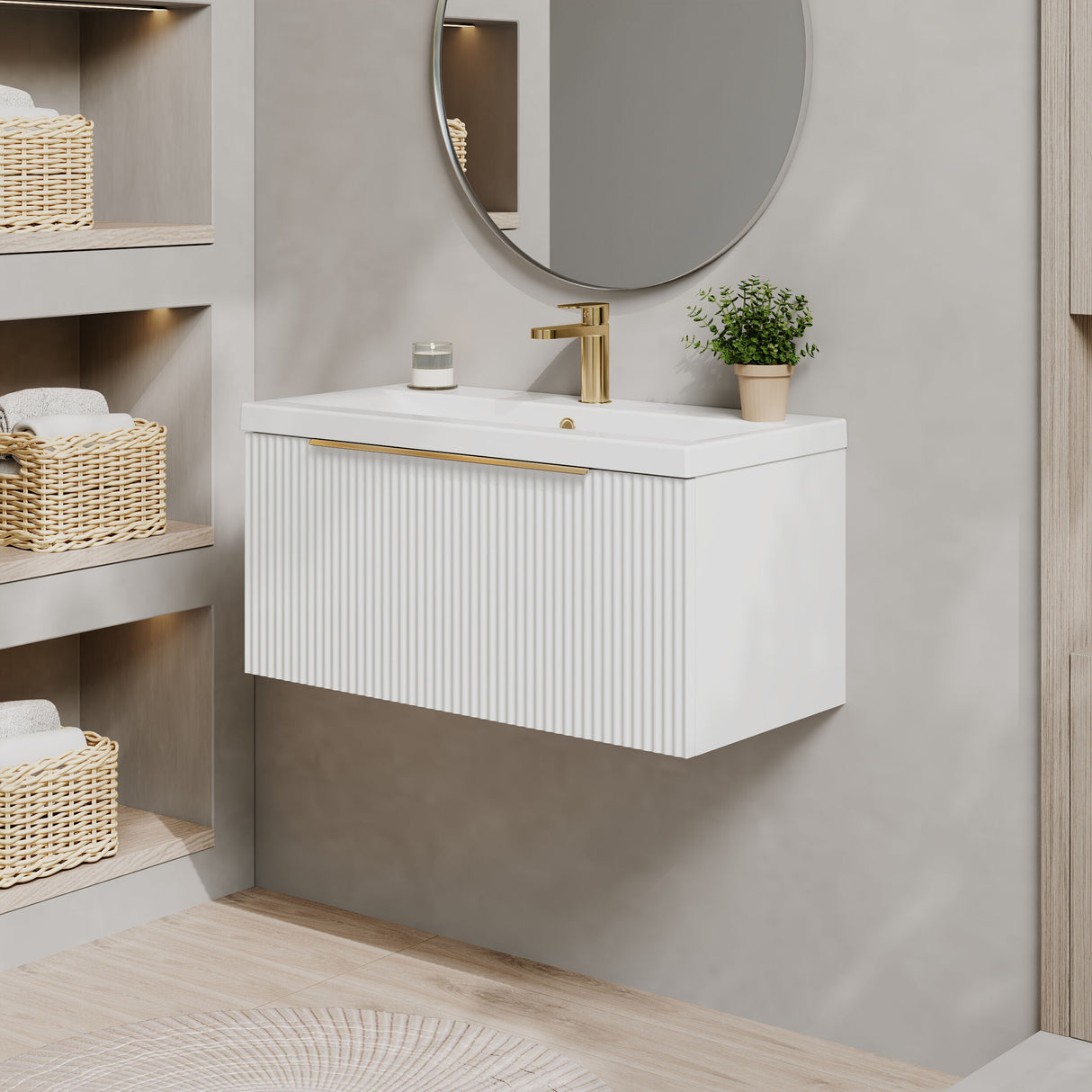 [BFFF196AH226] Tixall Fluted Front Wall Hung Vanity Basin Unit 800mm - 1 Drawer - Lifestyle 3