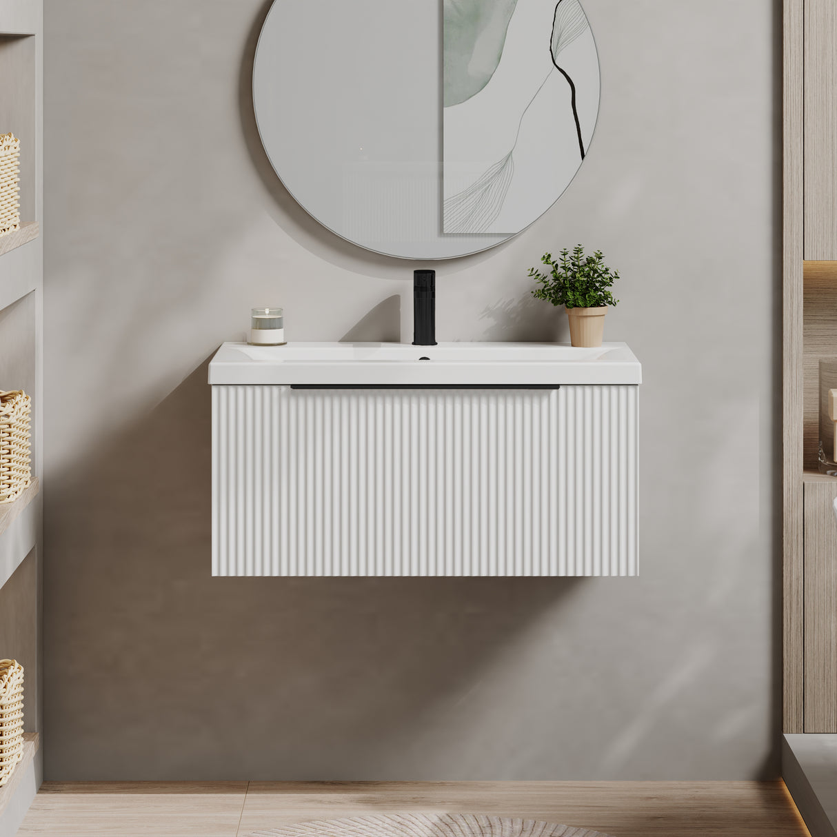 Fluted Front Wall Hung Vanity Basin Unit with Choice of Size, Colour and Handle Options