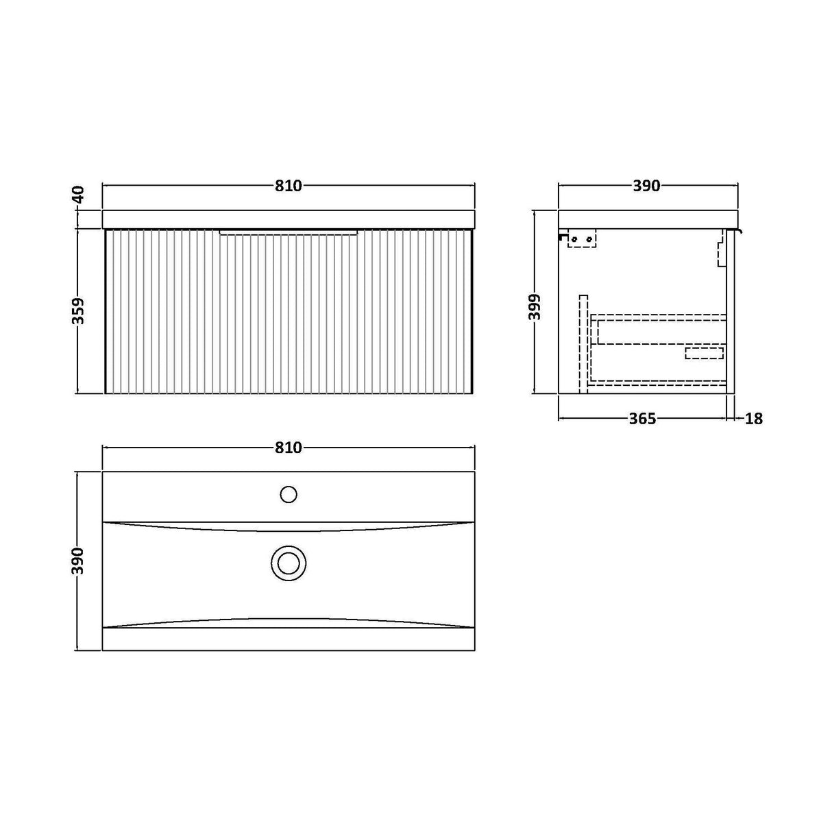[BFFF196A] Tixall Fluted Front Wall Hung Vanity Basin Unit with Choice of Size, Colour and Handle Options - Technical Drawing