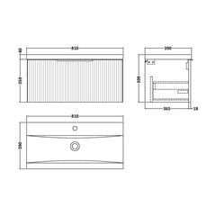 [BFFF196A] Tixall Fluted Front Wall Hung Vanity Basin Unit with Choice of Size, Colour and Handle Options - Technical Drawing