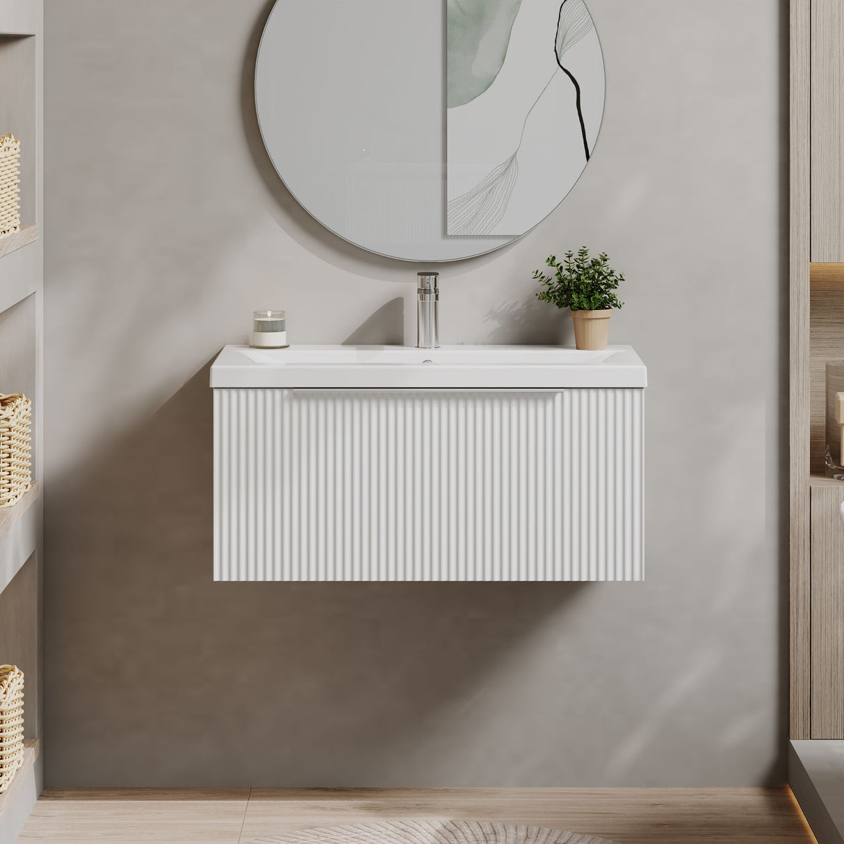 [BFFF196A] Tixall Fluted Front Wall Hung Vanity Basin Unit 800mm - 1 Drawer - Lifestyle 1