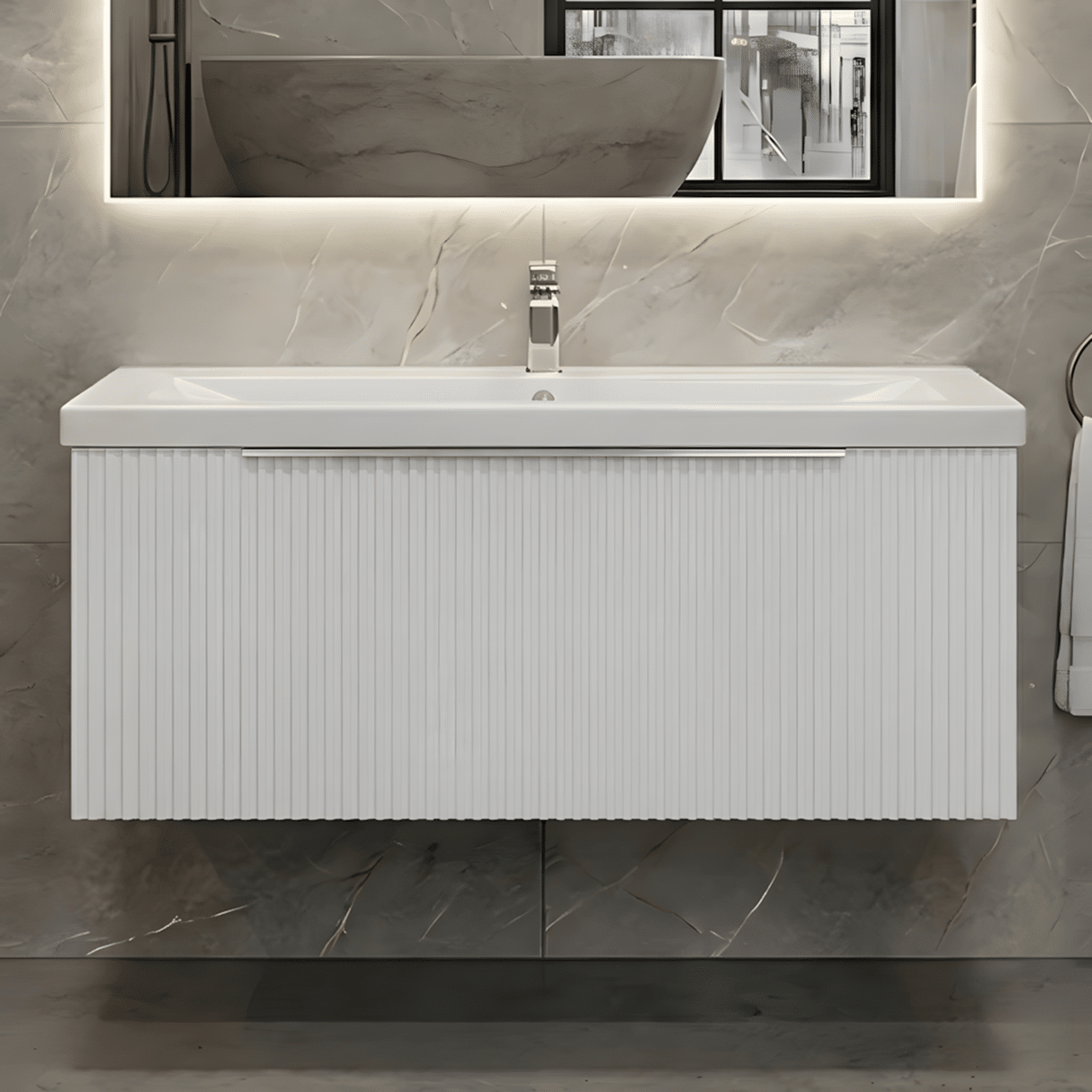 [BFFF196A] Tixall Fluted Front Wall Hung Vanity Basin Unit with Choice of Size, Colour and Handle Options - Silo