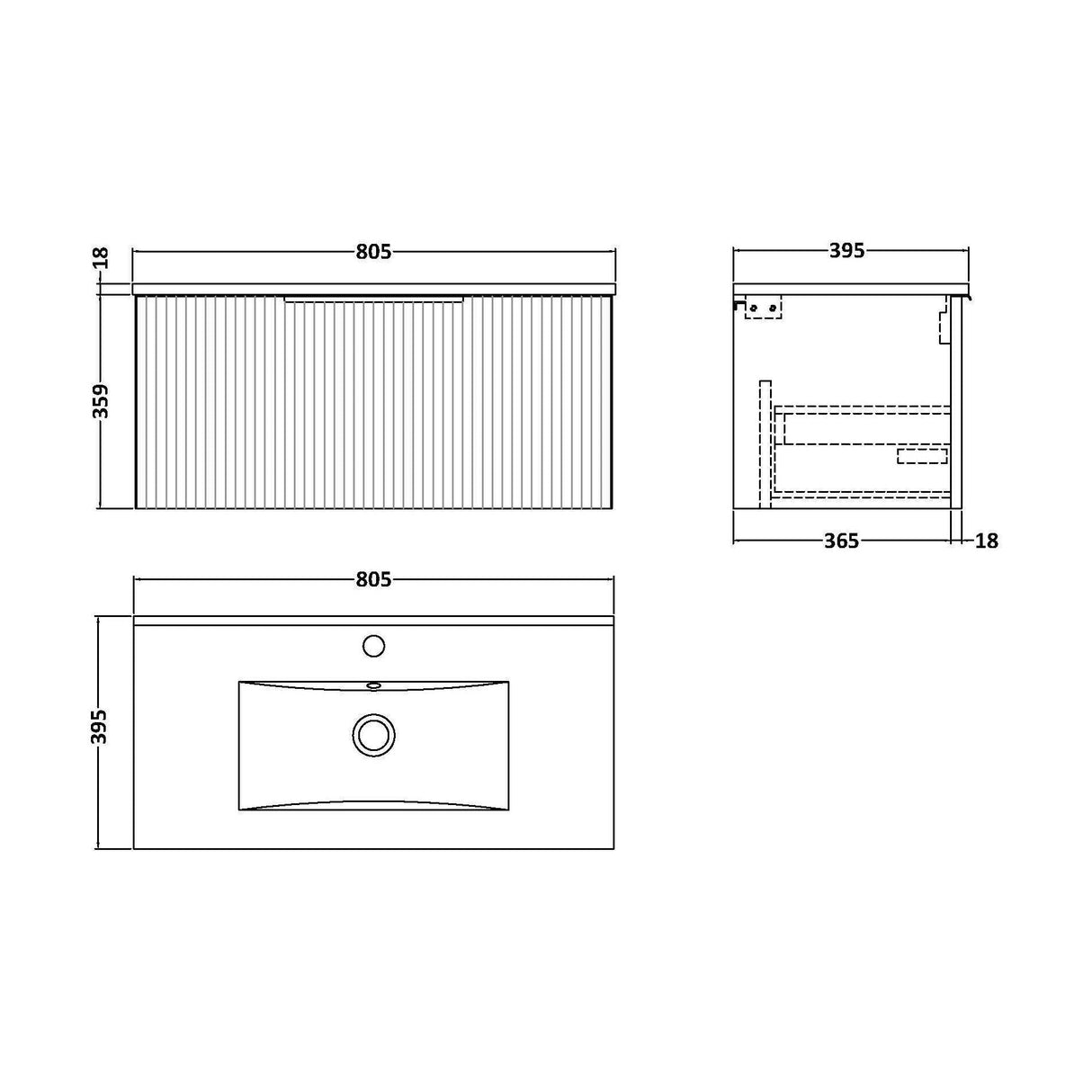 [BFFF196B] Tixall 1 Drawer Wall Hung Vanity Basin Unit with 1 Tap Hole Minimalist Ceramic Basin, Choice of Size and Colour - Technical Drawing