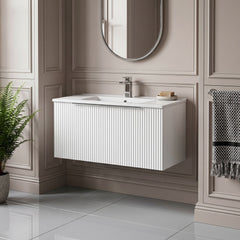 [BFFF196B] Tixall 1 Drawer Wall Hung Vanity Basin Unit with 1 Tap Hole Minimalist Ceramic Basin, Choice of Size and Colour