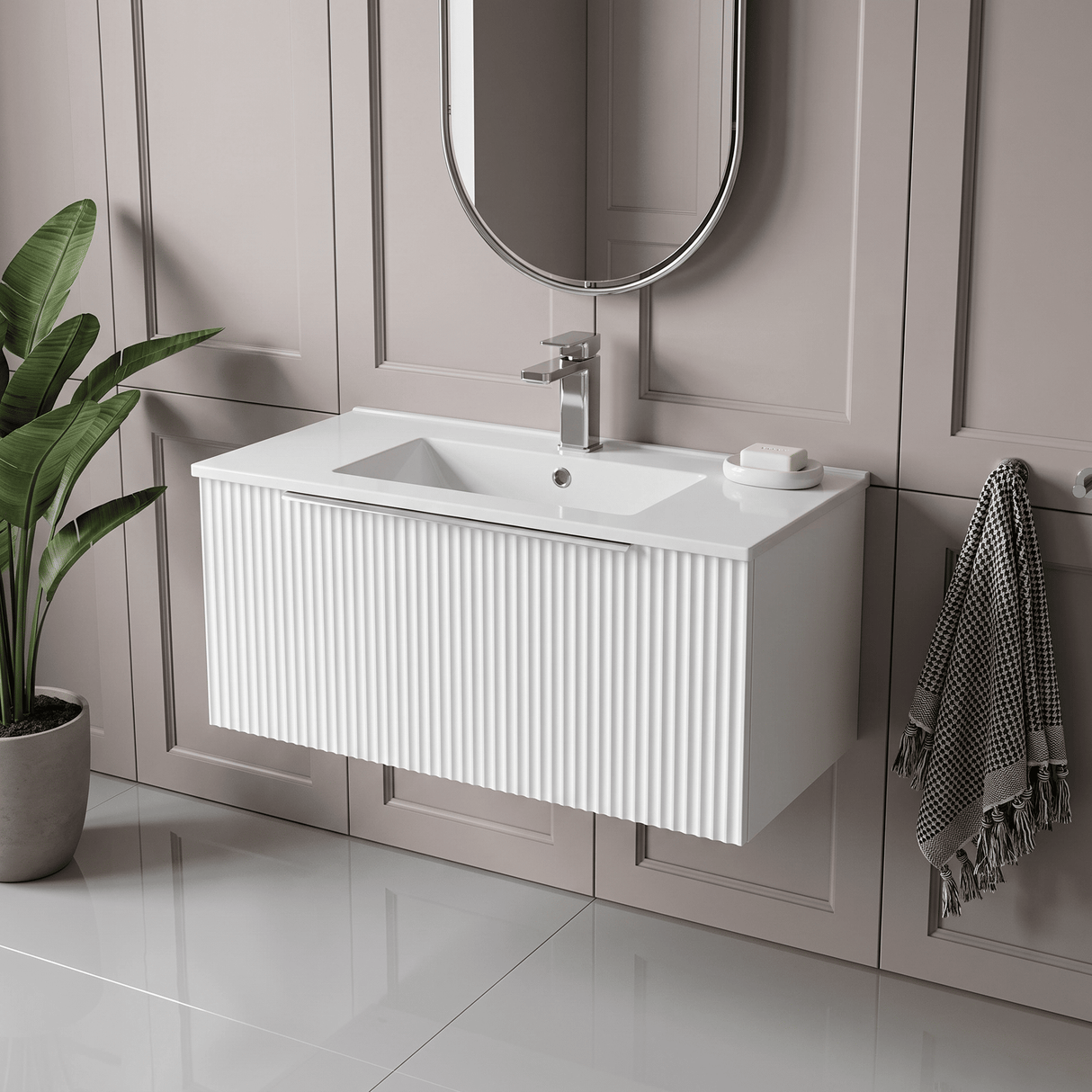[BFFF196B] Tixall 1 Drawer Wall Hung Vanity Basin Unit with 1 Tap Hole Minimalist Ceramic Basin, Choice of Size and Colour