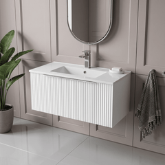 [BFFF196B] Tixall 1 Drawer Wall Hung Vanity Basin Unit with 1 Tap Hole Minimalist Ceramic Basin, Choice of Size and Colour