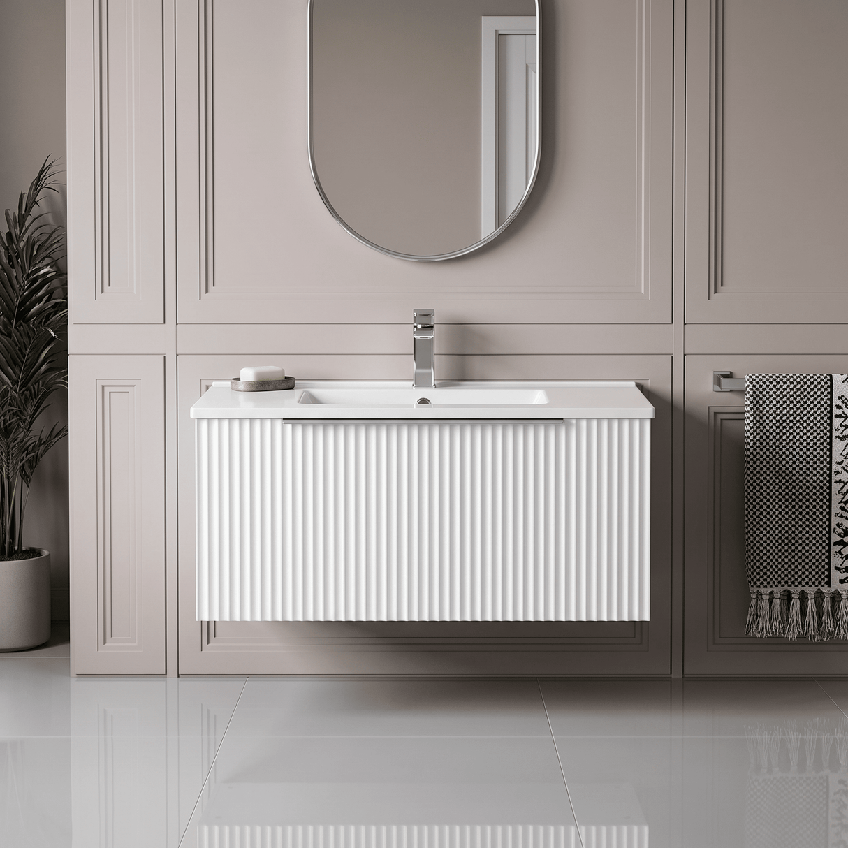 [BFFF196B] Tixall 1 Drawer Wall Hung Vanity Basin Unit with 1 Tap Hole Minimalist Ceramic Basin, Choice of Size and Colour - Silo