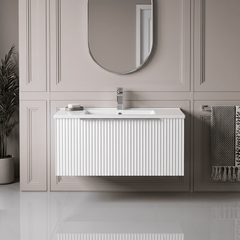 [BFFF196B] Tixall 1 Drawer Wall Hung Vanity Basin Unit with 1 Tap Hole Minimalist Ceramic Basin, Choice of Size and Colour - Silo